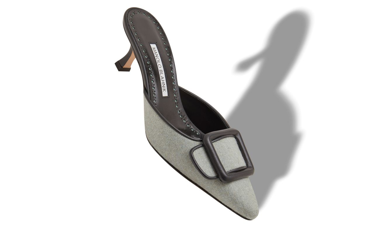 Designer Light Green and Black Wool Buckle Detail Mules - Image Main View