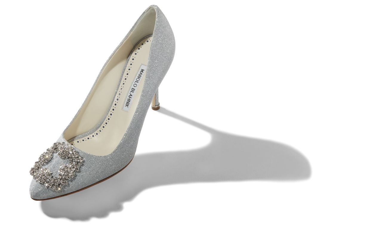 Designer Silver Glitter Fabric Jewel Buckle Pumps - Image Main