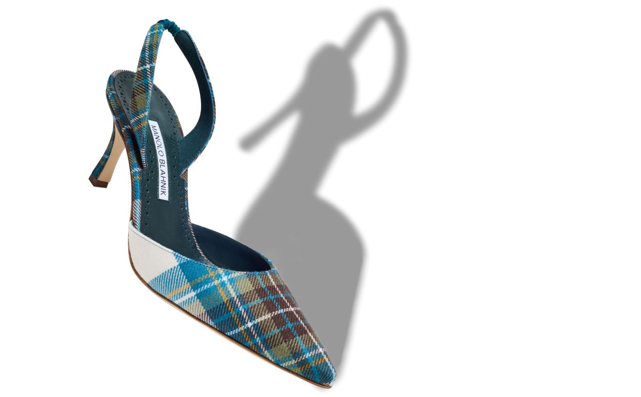 Designer Blue Wool Tartan Slingback Pumps - Image Main View