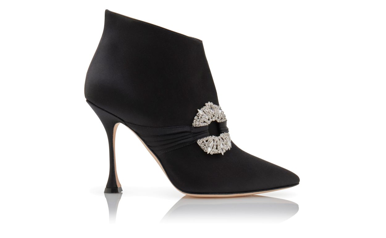 Designer Black Satin Embellished Buckle Ankle Boots - Image Side View