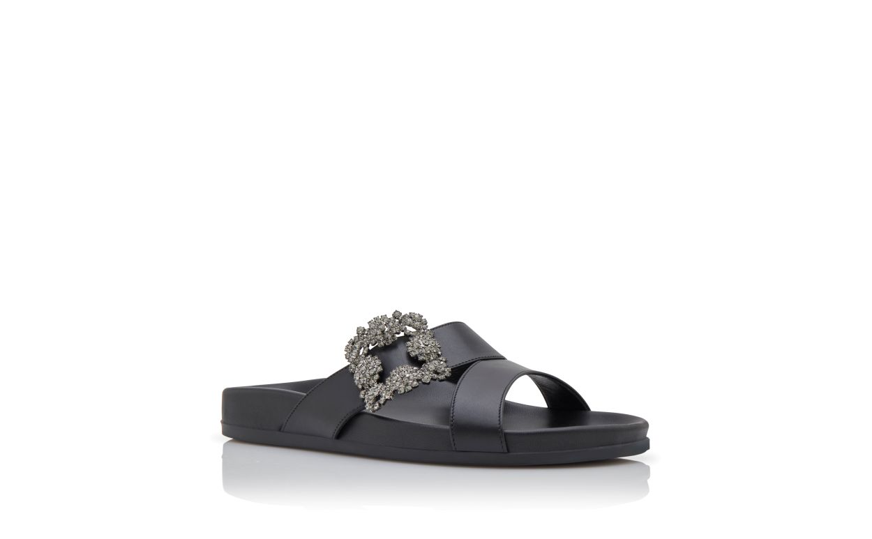 Designer Black Calf Leather Jewel Buckle Flat Mules - Image Upsell