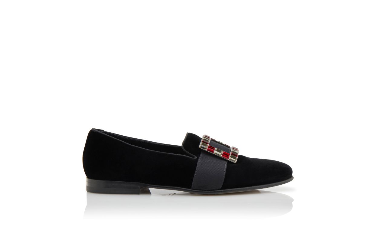 Designer Black Velvet Jewel Buckle Loafers  - Image Side View
