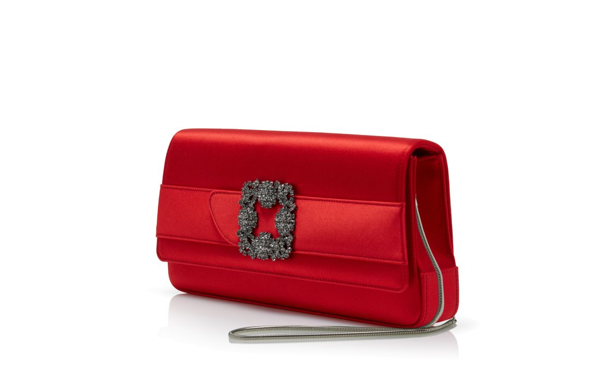 Designer Red Satin Jewel Buckle Clutch - Image 