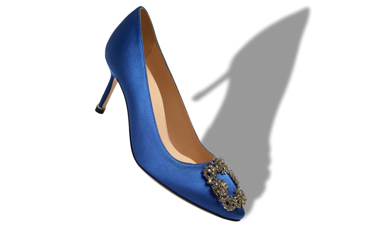 Designer Blue Satin Jewel Buckle Pumps - Image Main View