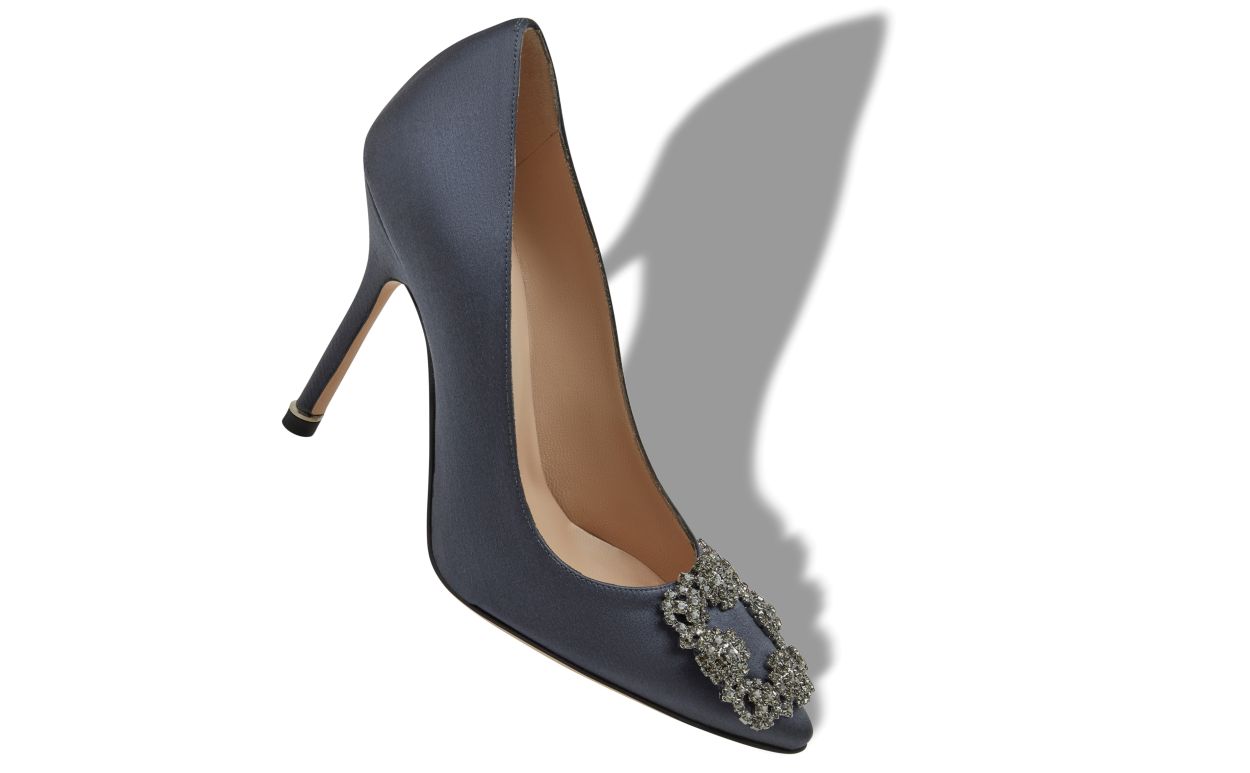 Designer Dark Grey Satin Jewel Buckle Pumps - Image Main View