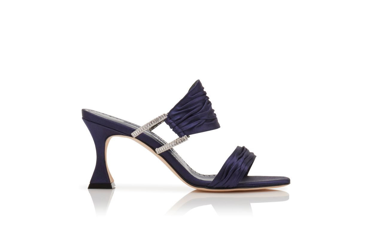 Designer Navy Blue Satin Gathered Mules - Image Side View