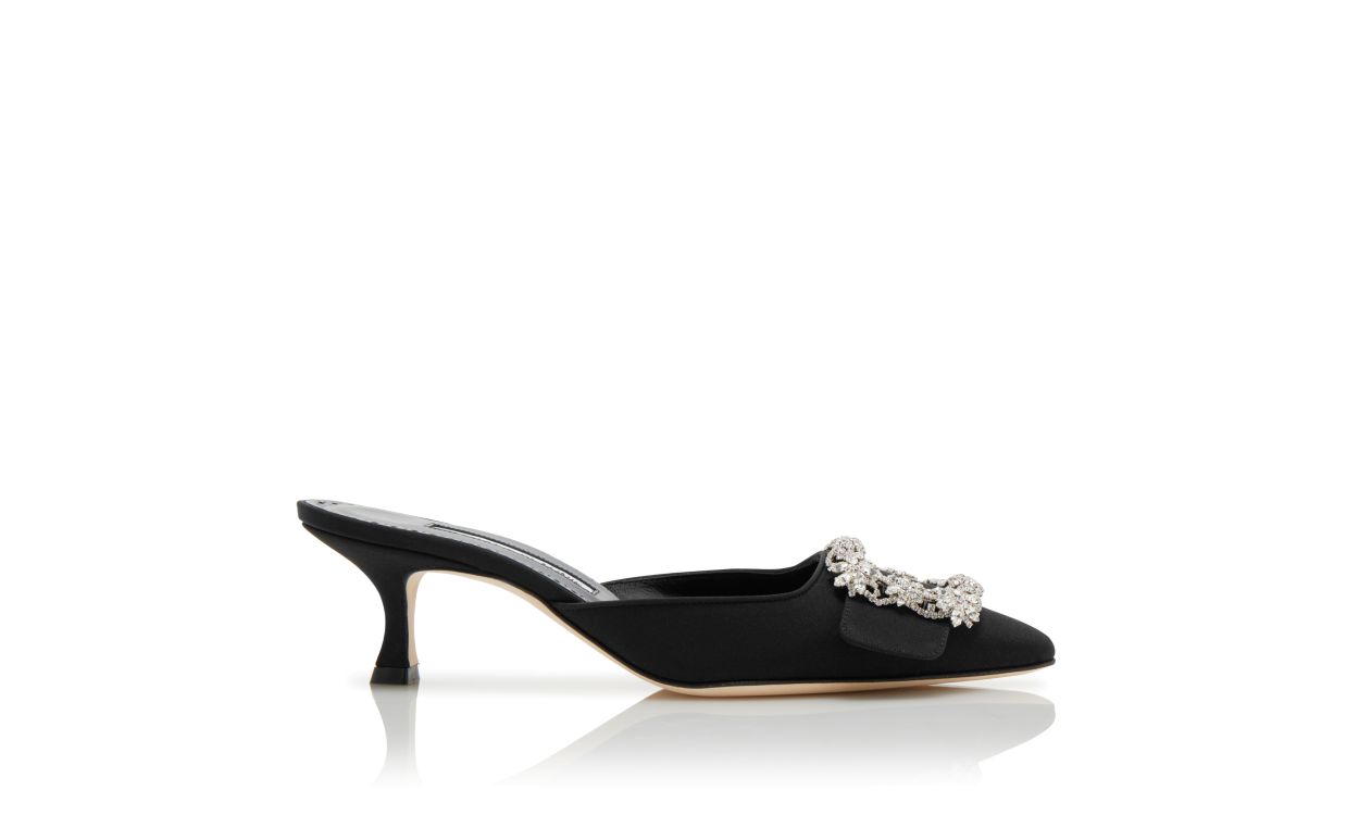 Designer Black Crepe De Chine Crystal Buckle Mules - Image thumbnail