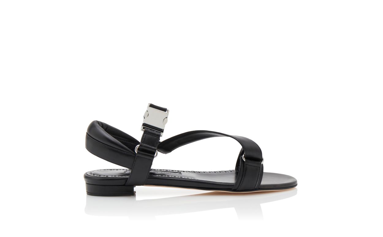 Designer Black Nappa Leather Buckle Detail Flat Sandals  - Image Side View