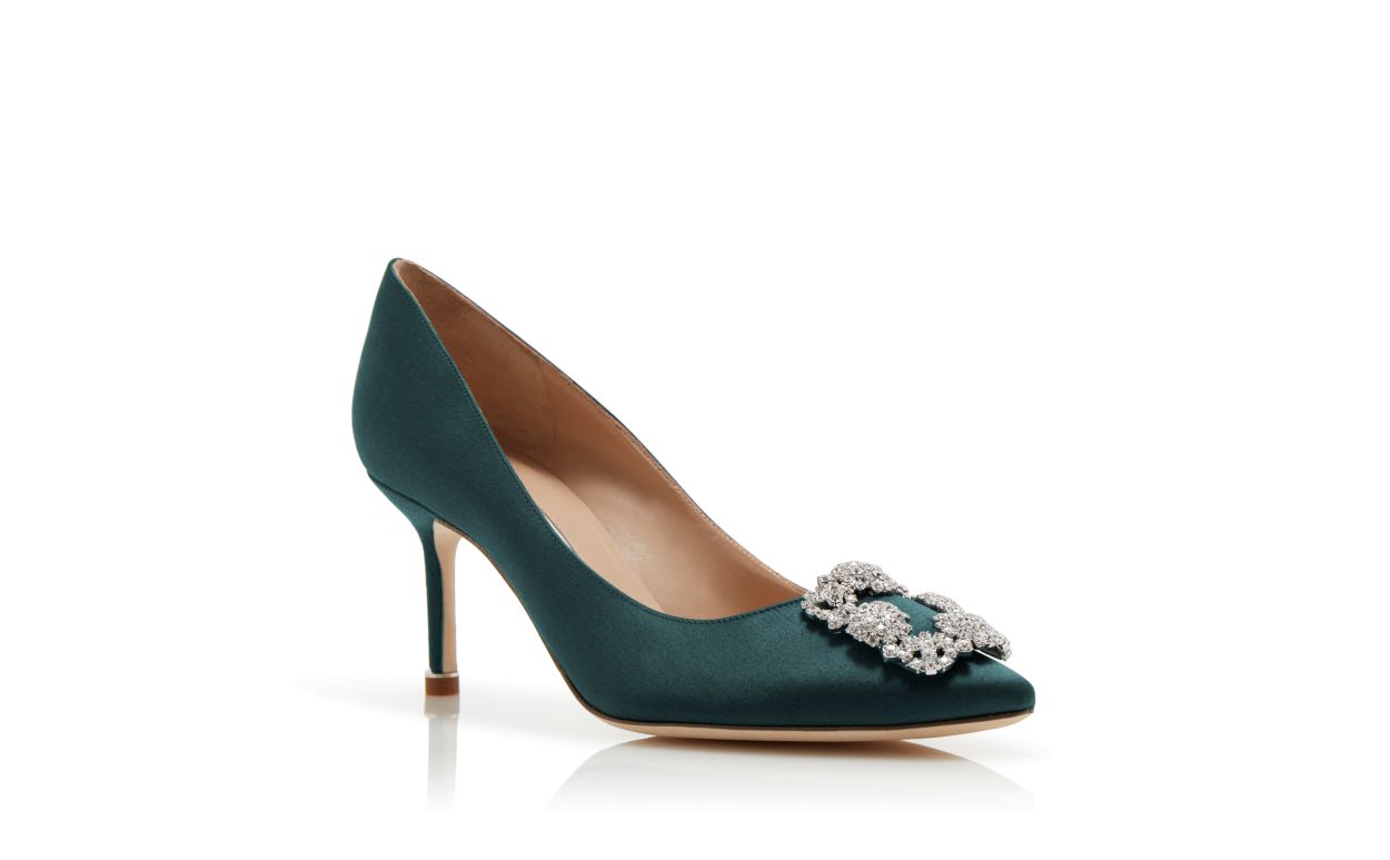 Designer Forest Green Satin Jewel Buckle Pumps - Image Upsell