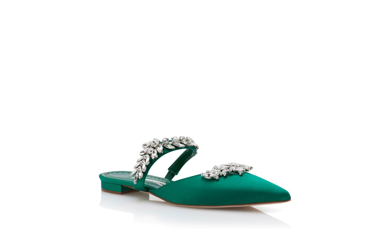 Designer Green Satin Crystal Embellished Flat Mules - Image Upsell