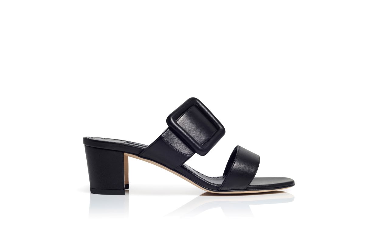 Designer Black Nappa Leather Open Toe Mules - Image Side View