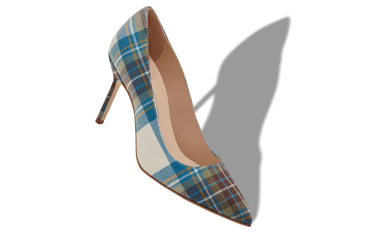 Designer Blue Wool Tartan Pointed Toe Pumps - Image Main View