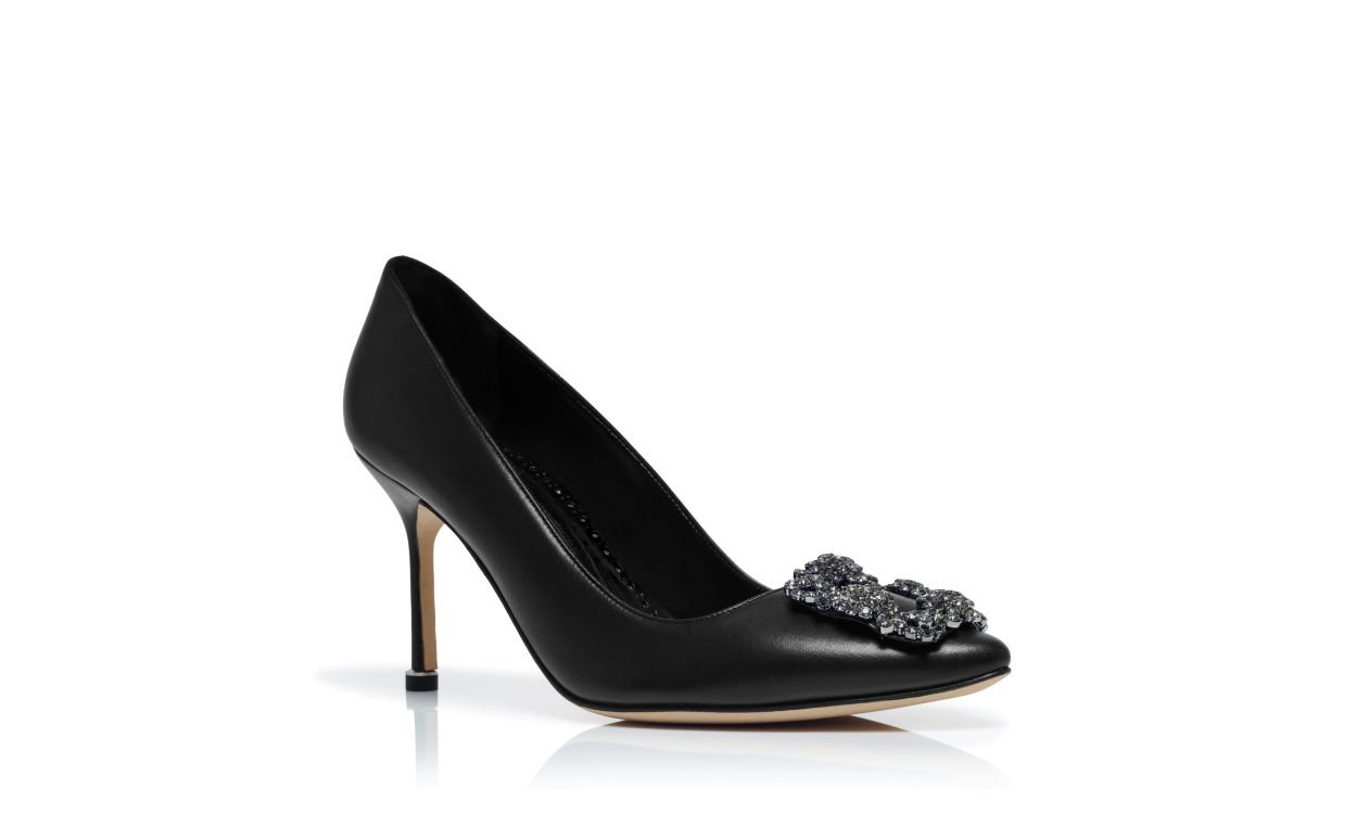 Designer Black Calf Leather Jewel Buckle Pumps - Image Upsell