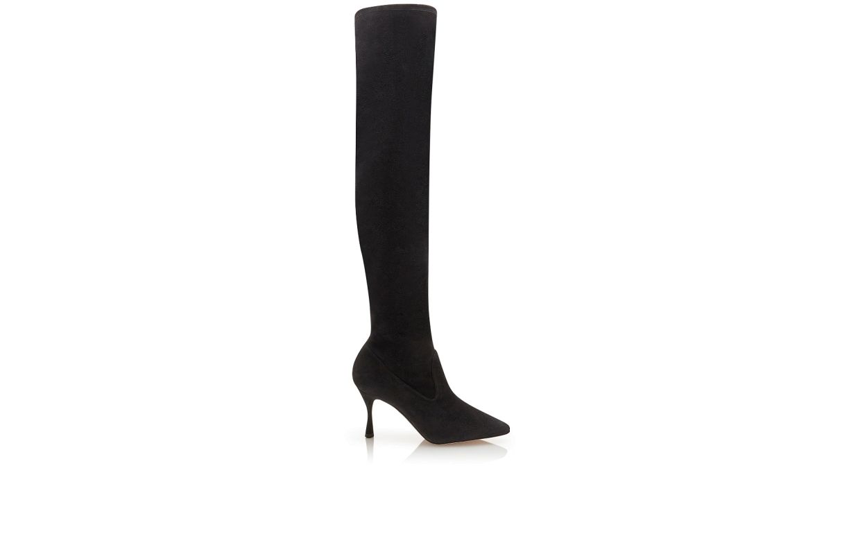 Designer Black Suede Thigh High Boots - Image Side View