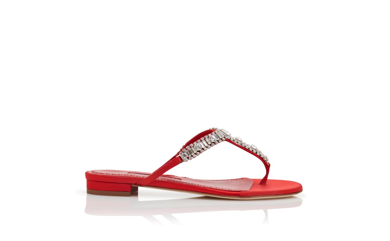 Designer Red Satin Jewel Embellished Flat Sandals - Image Side View