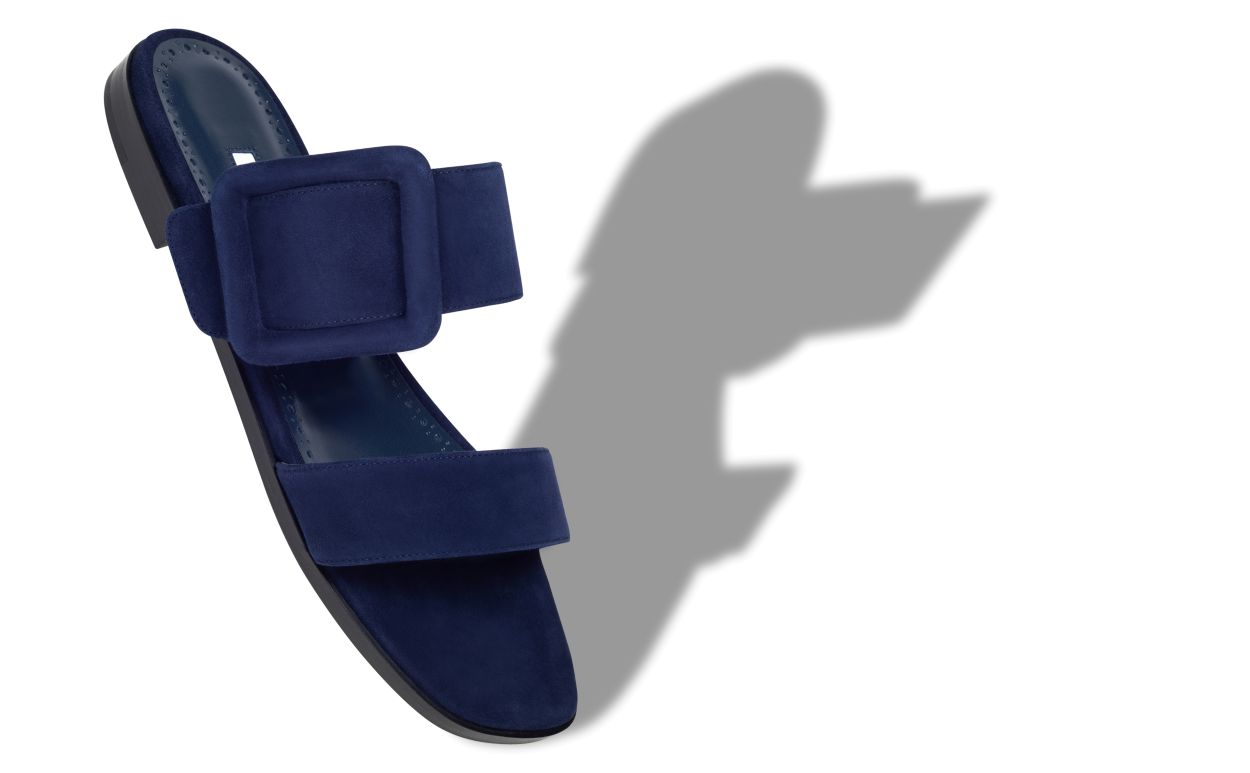 Designer Navy Blue Suede Flat Sandals - Image Main