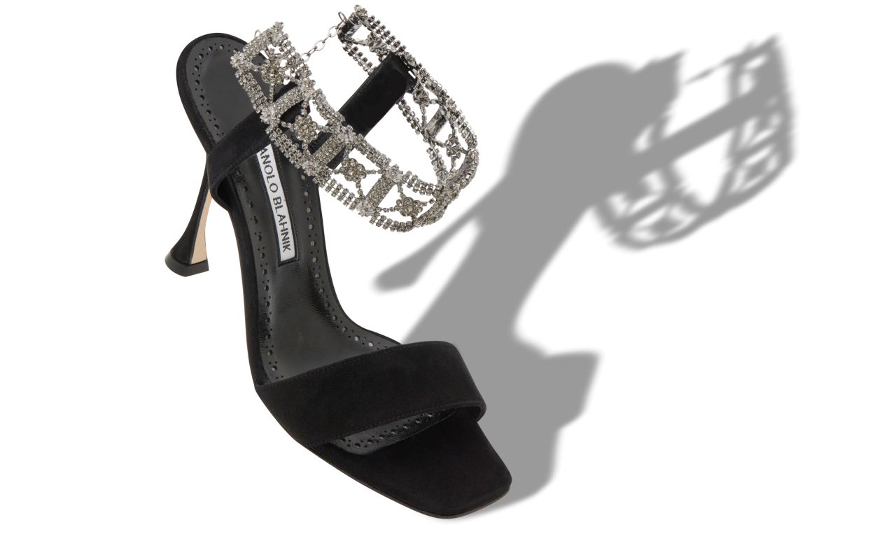 LIERASAN | Black Suede Embellished Ankle Strap Sandals | Manolo Blahnik