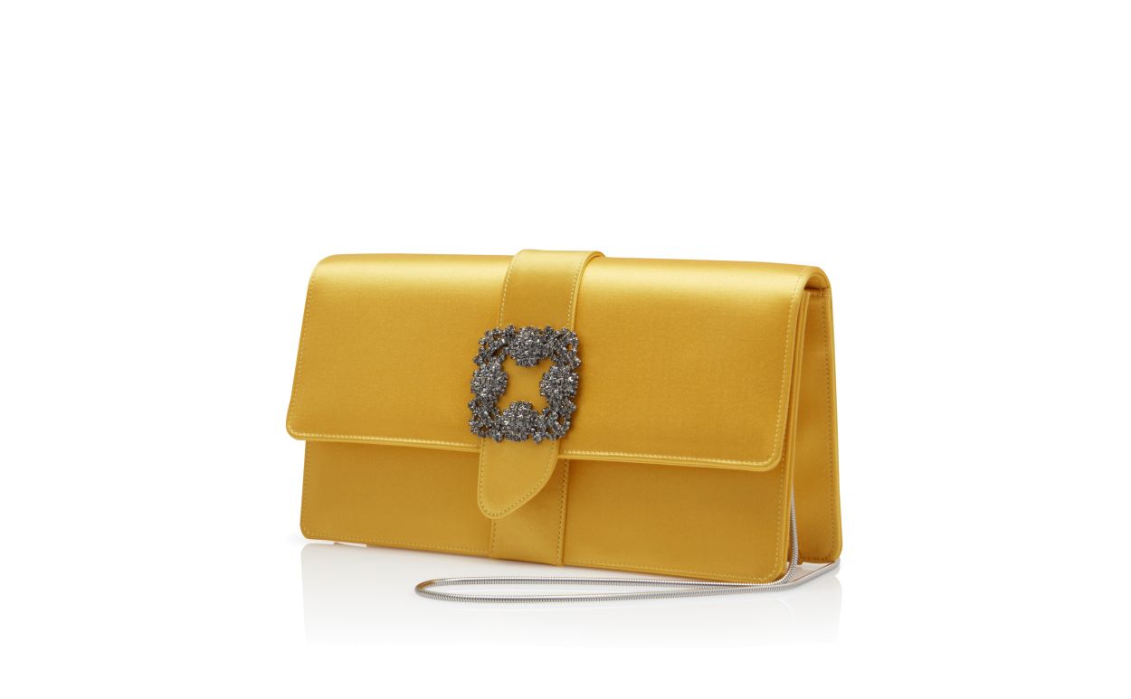 Designer Yellow Satin Jewel Buckle Clutch - Image 