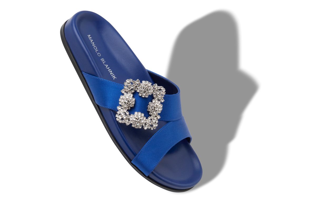 Designer Blue Satin Jewel Buckle Flat Mules - Image Main