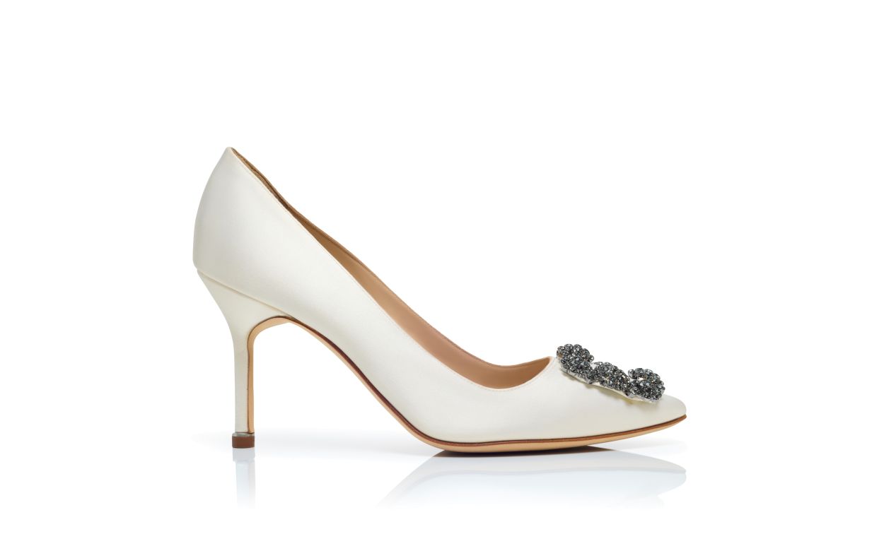 Designer White Satin Jewel Buckle Pumps - Image Side View