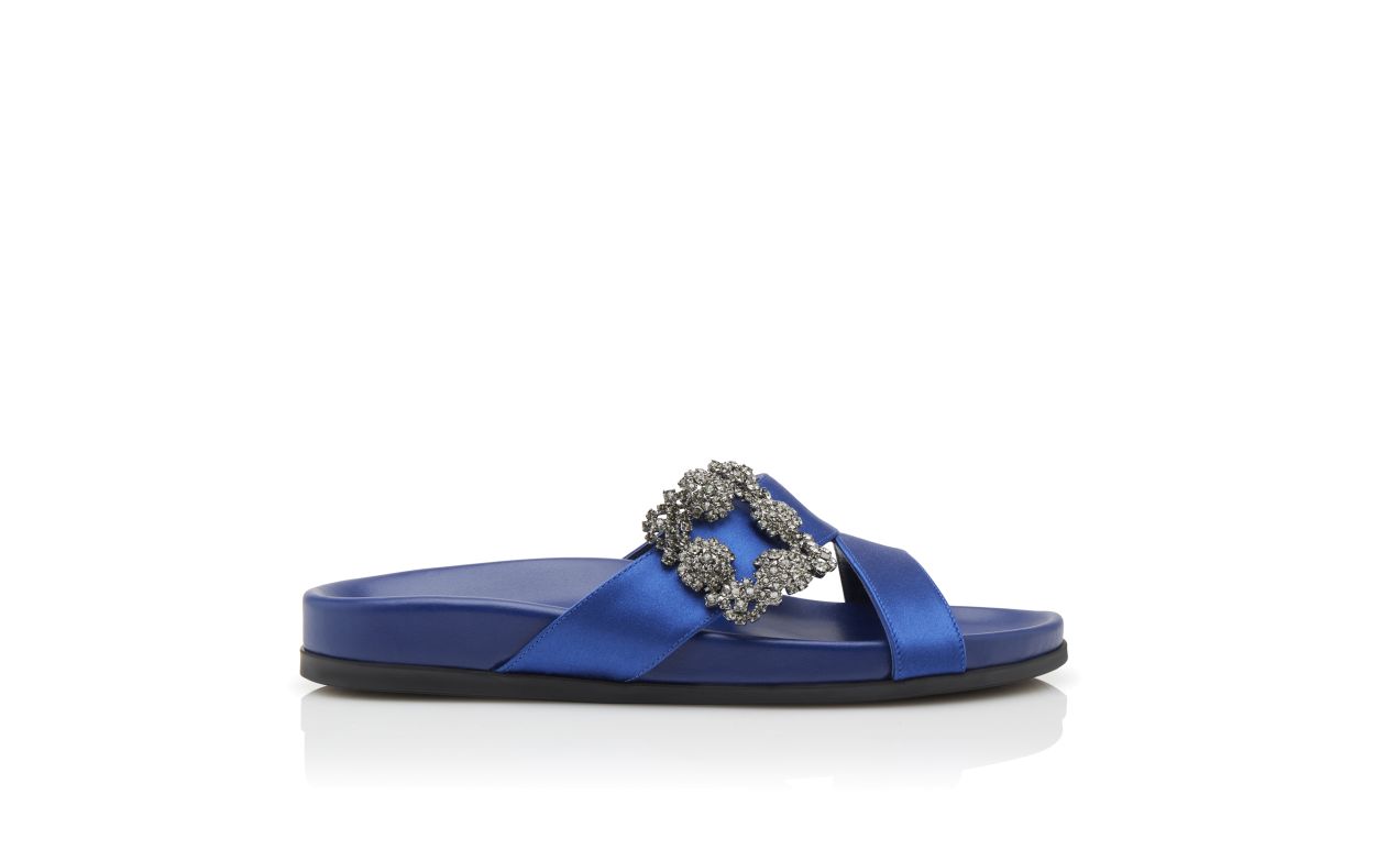 Designer Blue Satin Jewel Buckle Flat Mules - Image thumbnail