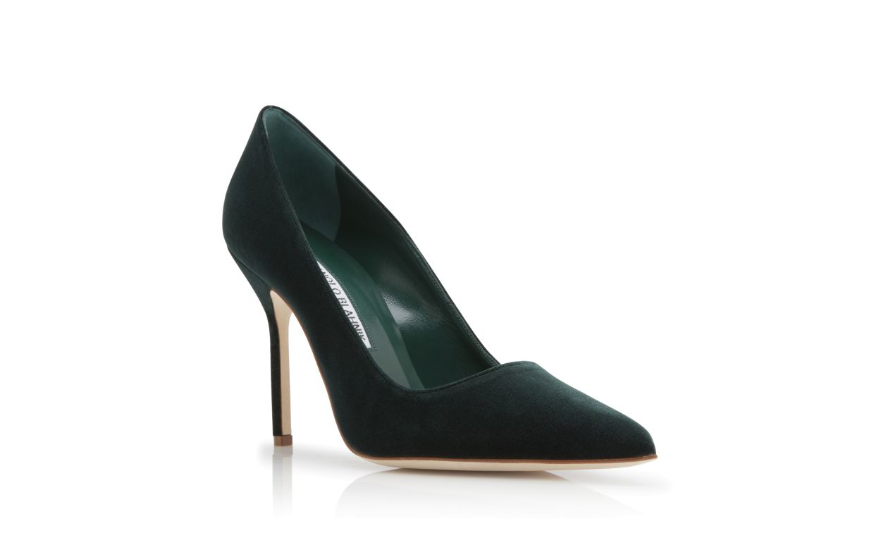Designer Dark Green Velvet Pointed Toe Pumps - Image Upsell