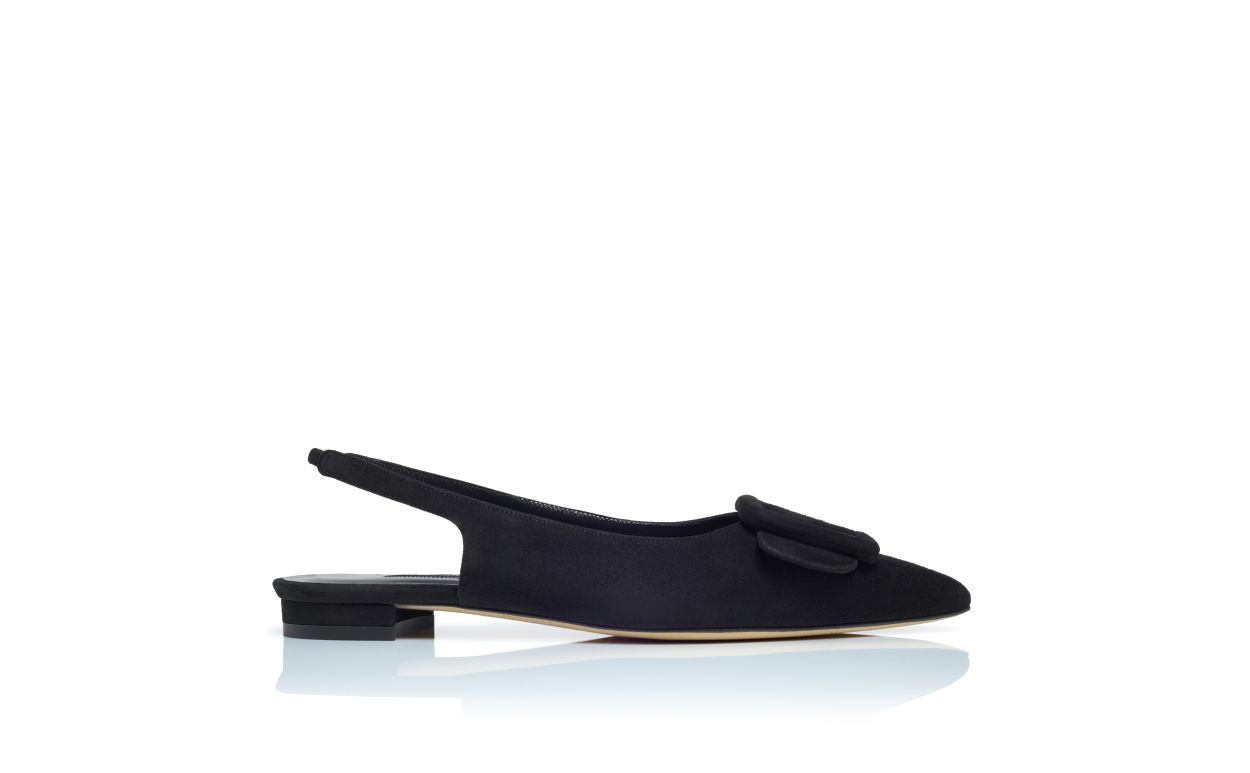 Designer Black Suede Buckle Detail Slingback Flat Pumps - Image Side View