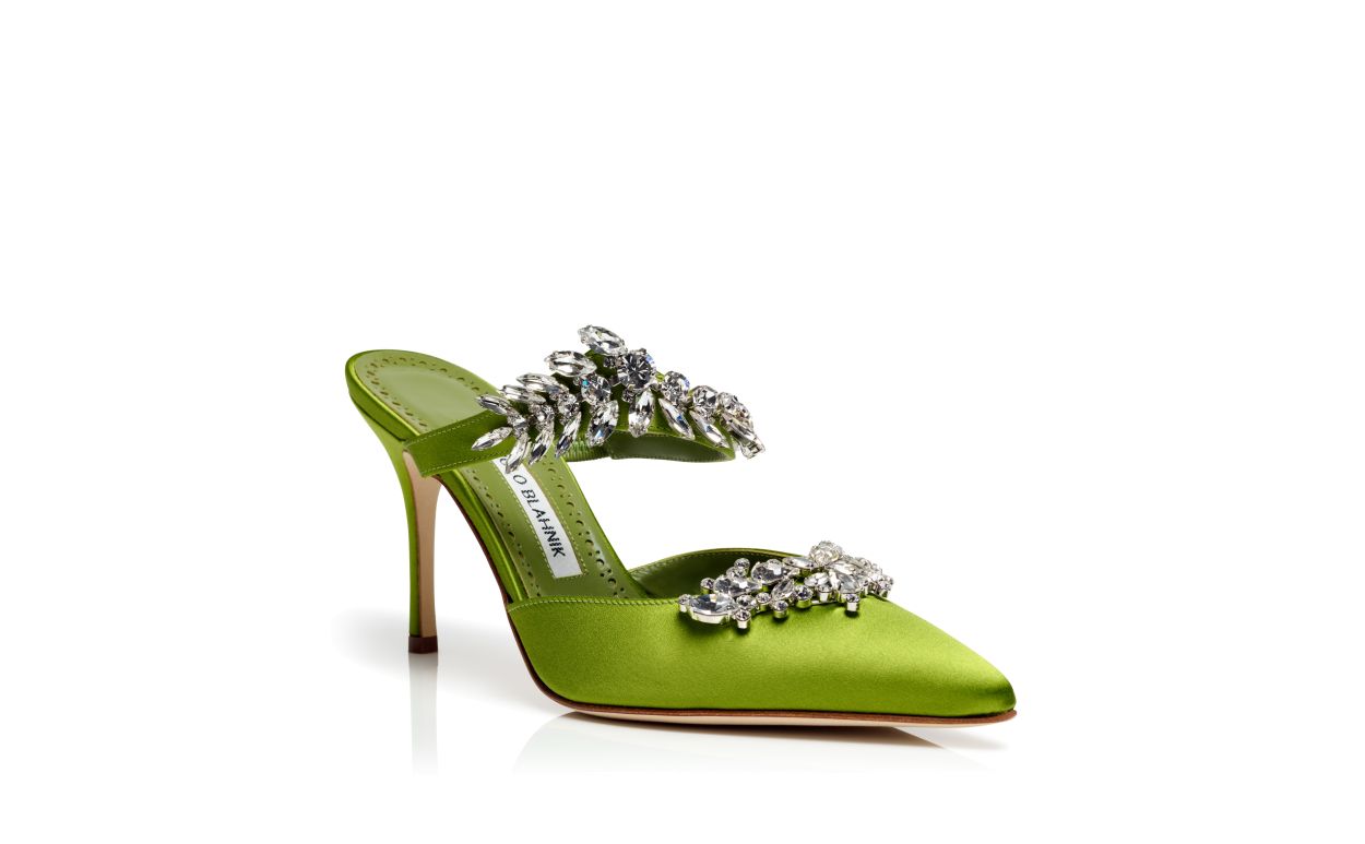 LURUM | Light Green Satin Crystal Embellished Mules | Manolo Blahnik