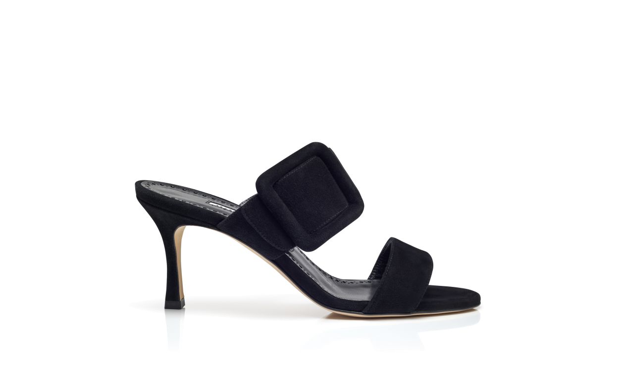 Designer Black Suede Open Toe Mules - Image Side View