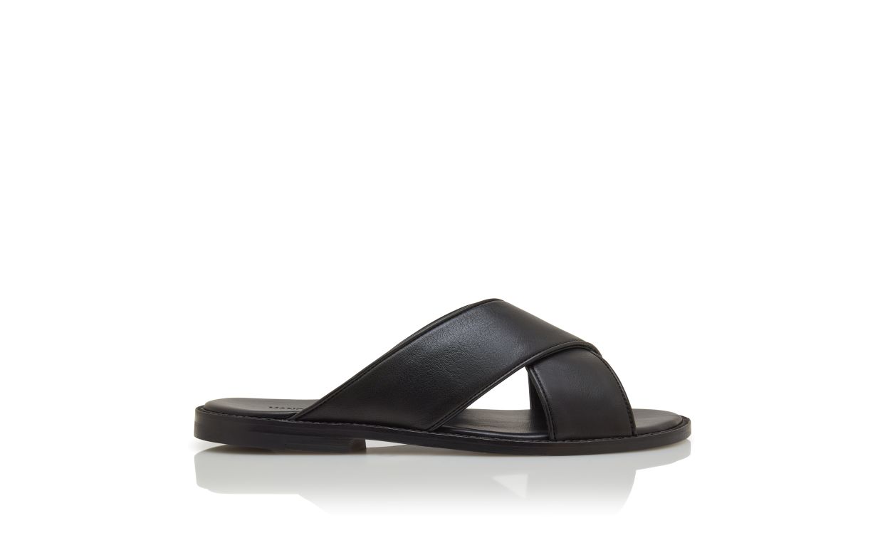 Designer Black Calf Leather Crossover Sandals - Image Side View