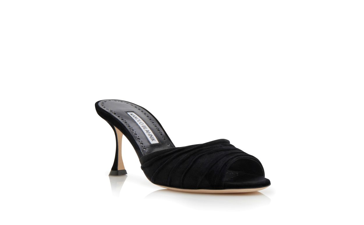 Designer Black Suede Ruched Open Toe Mules - Image Upsell