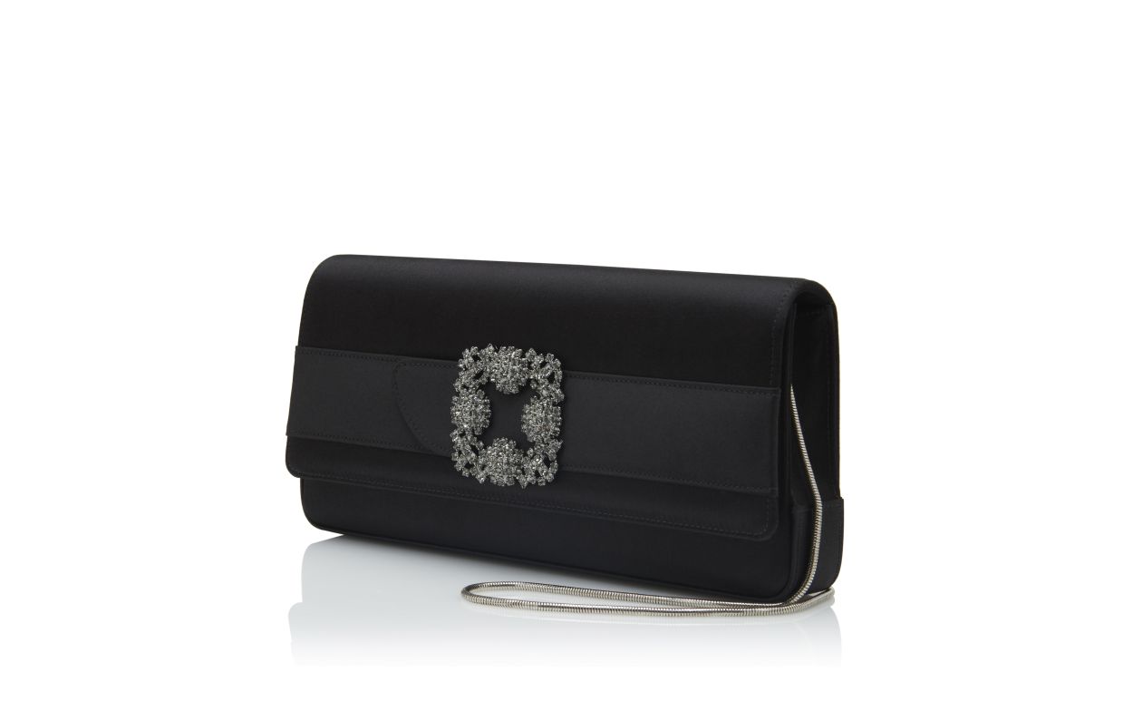 Designer Black Satin Jewel Buckle Clutch - Image 