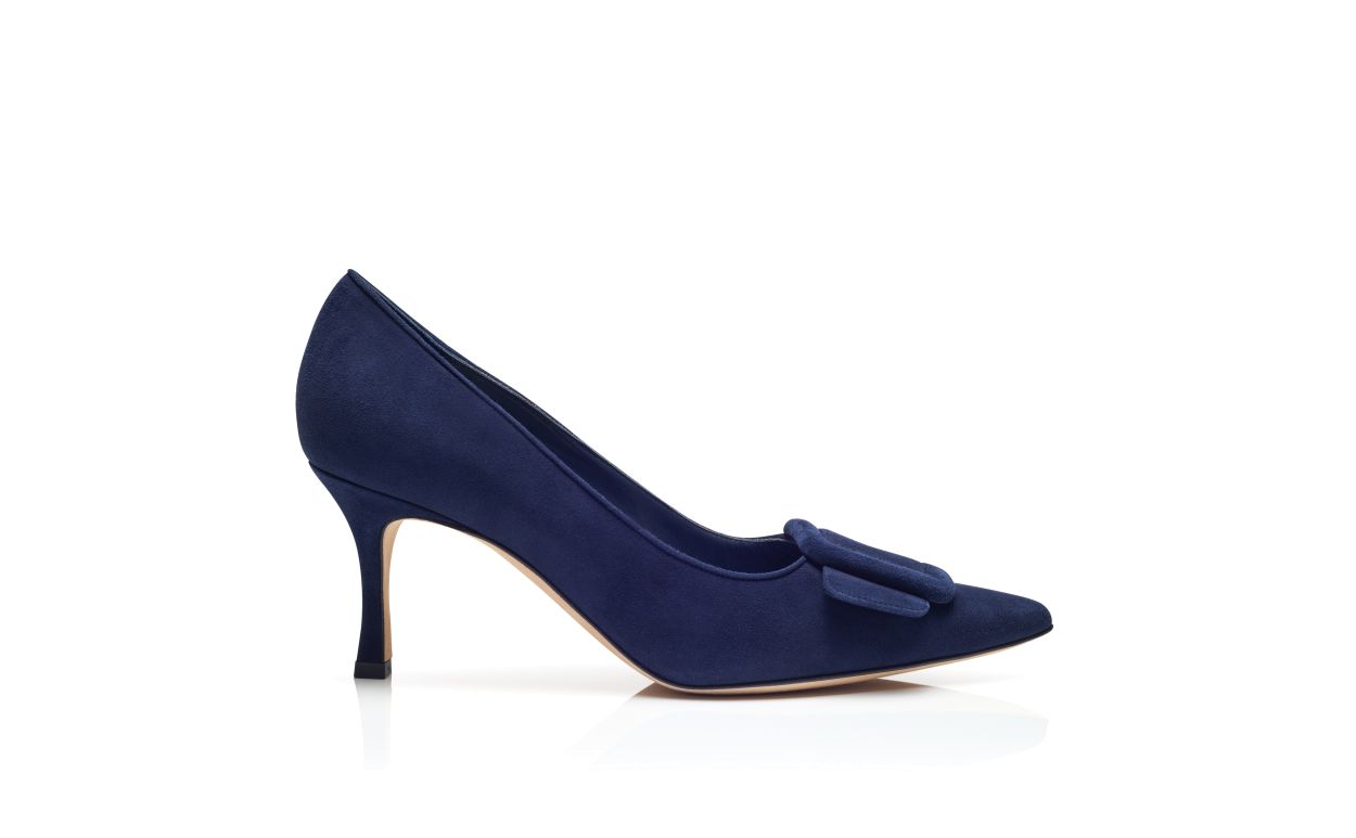 Designer Navy Blue Suede Buckle Detail Pumps - Image Side View