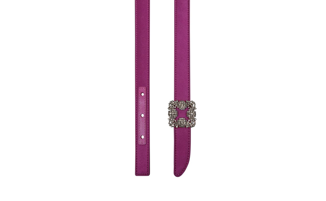 Designer Dark Fuchsia Satin Crystal Buckled Belt - Image 