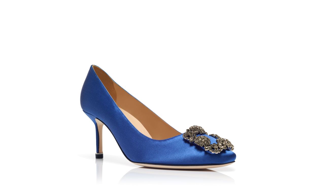 Designer Blue Satin Jewel Buckle Pumps - Image Upsell View