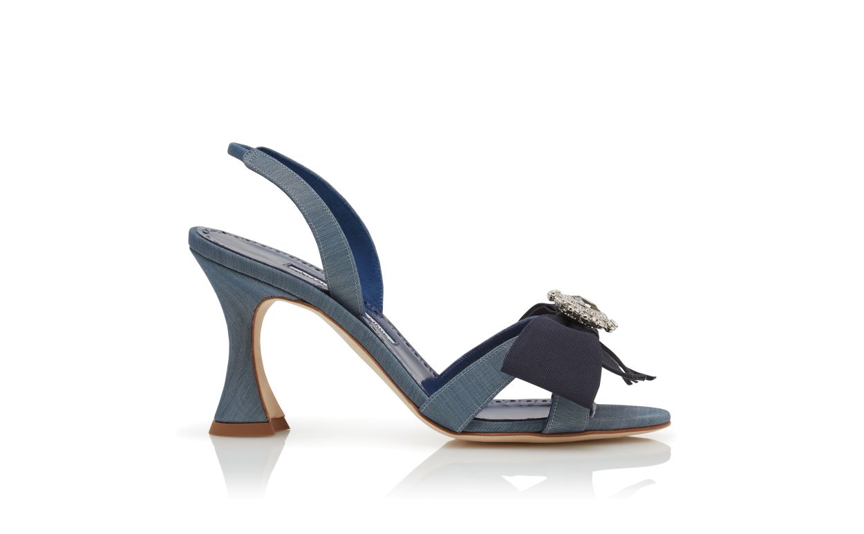 Designer Blue Silk Bow Detail Slingback Sandals - Image Side View