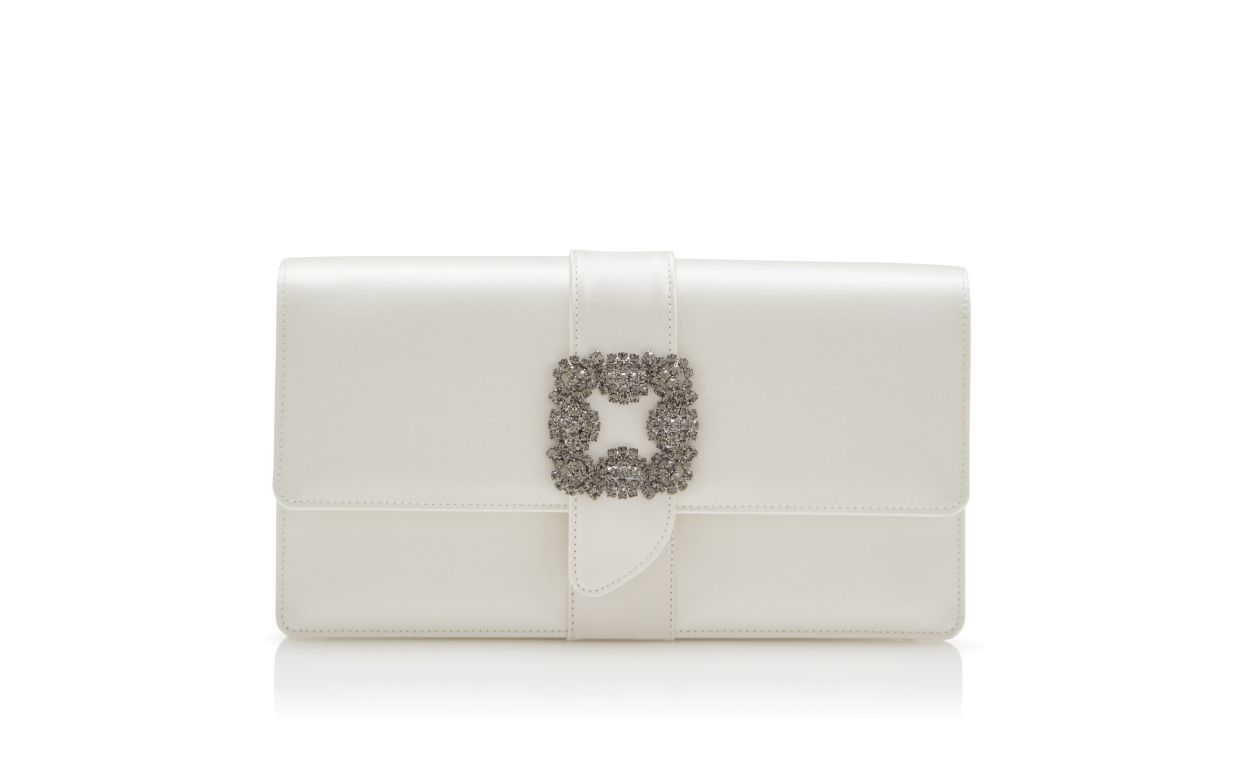 Designer Off-White Satin Jewel Buckle Clutch - Image thumbnail