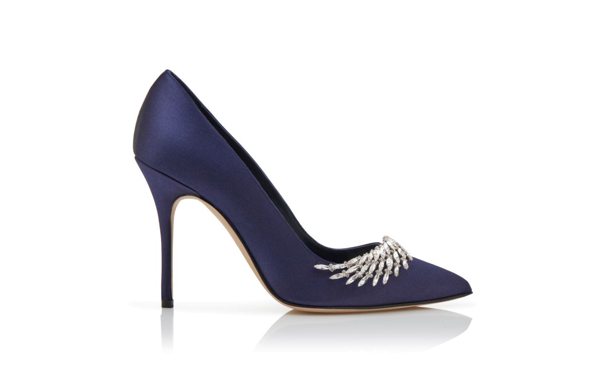 Designer Navy Blue Satin Jewel Embellished Pumps  - Image Side View