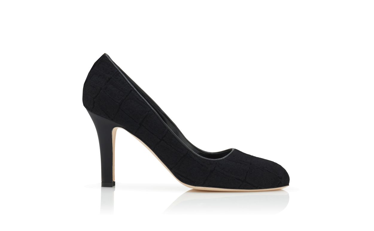 Designer Black Wool Textured Pumps - Image Side View