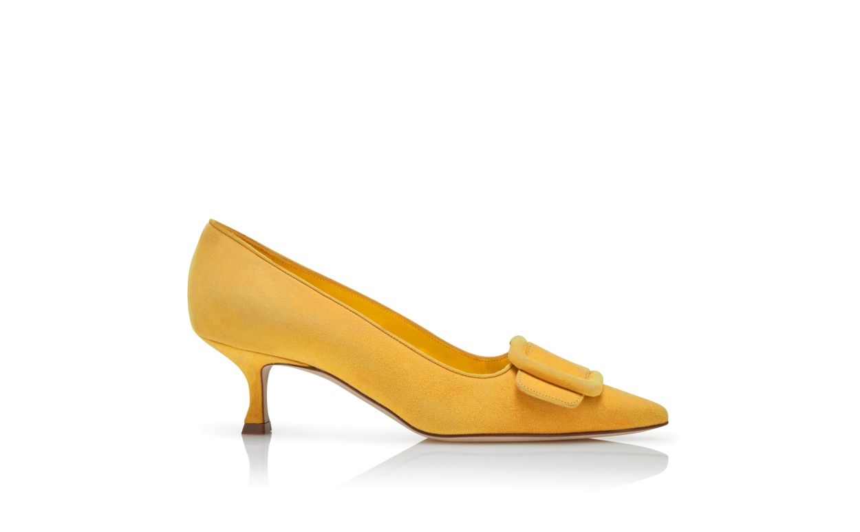 Designer Yellow Suede Buckle Detail Pumps - Image thumbnail