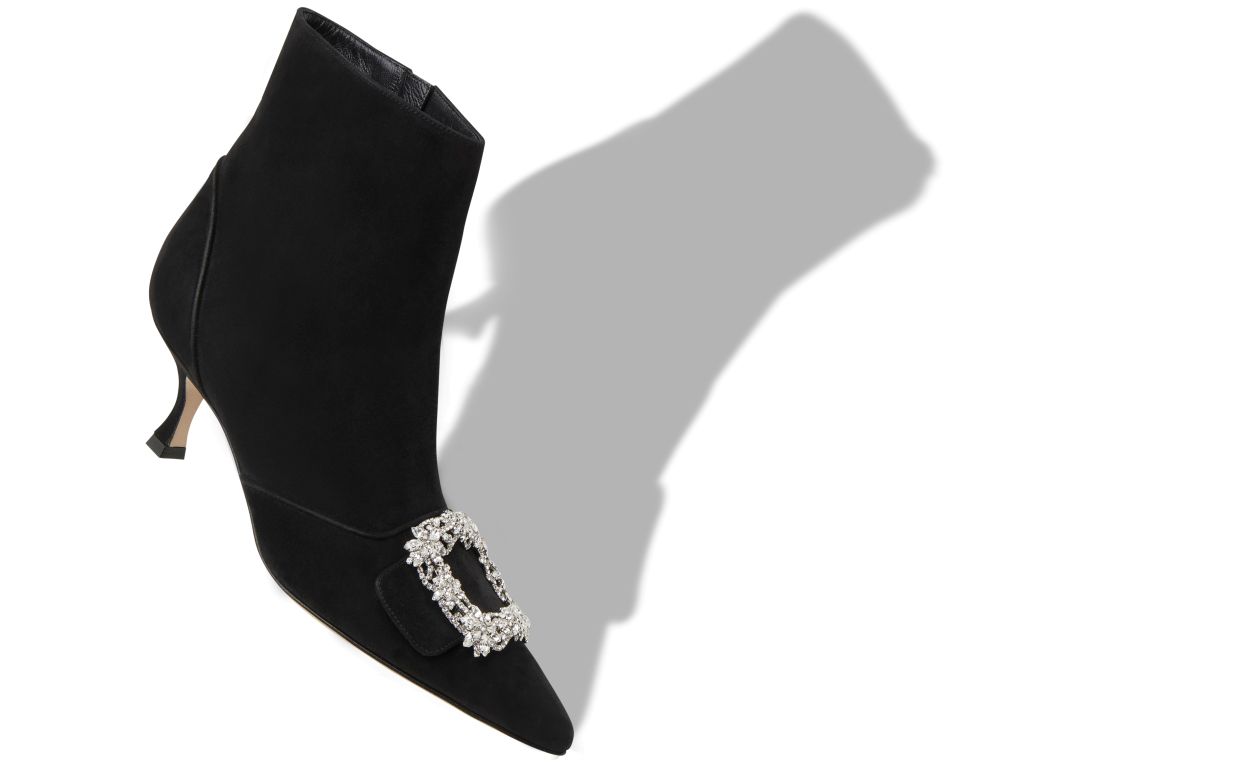 Designer Black Suede Crystal Buckle Ankle Boots - Image Main
