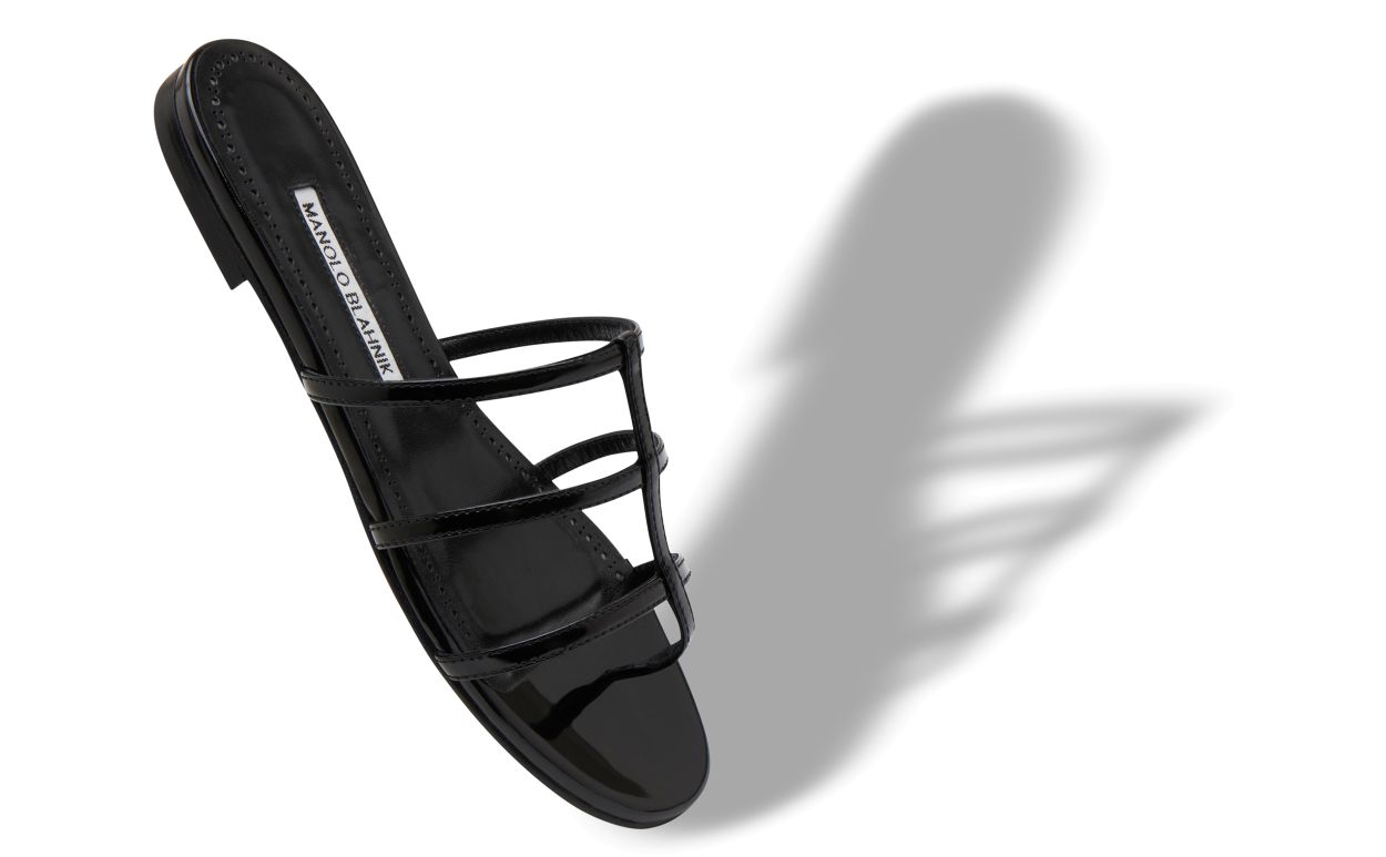 Designer Black Patent Leather Strappy Flat Sandals  - Image Main