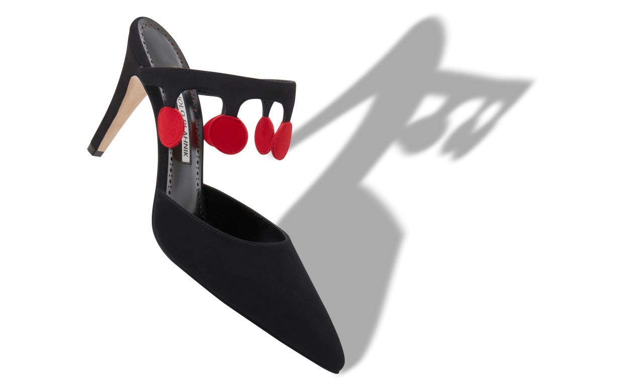 Designer Black and Red Suede Pom Pom Detail Mules - Image Main