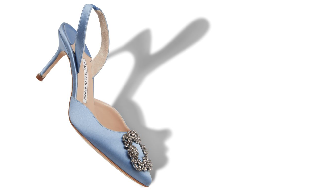 Designer Light Blue Satin Jewel Buckle Slingback Pumps - Image Main