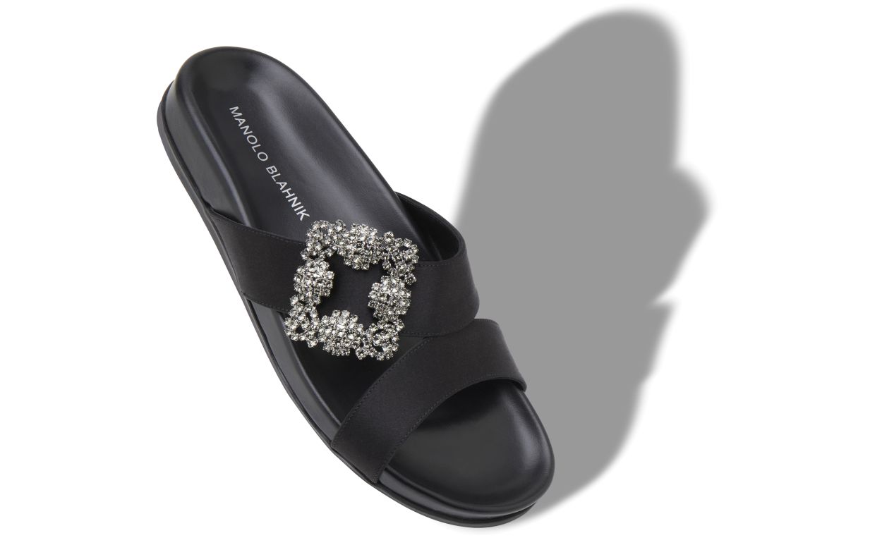 Designer Black Satin Jewel Buckle Flat Mules  - Image Main