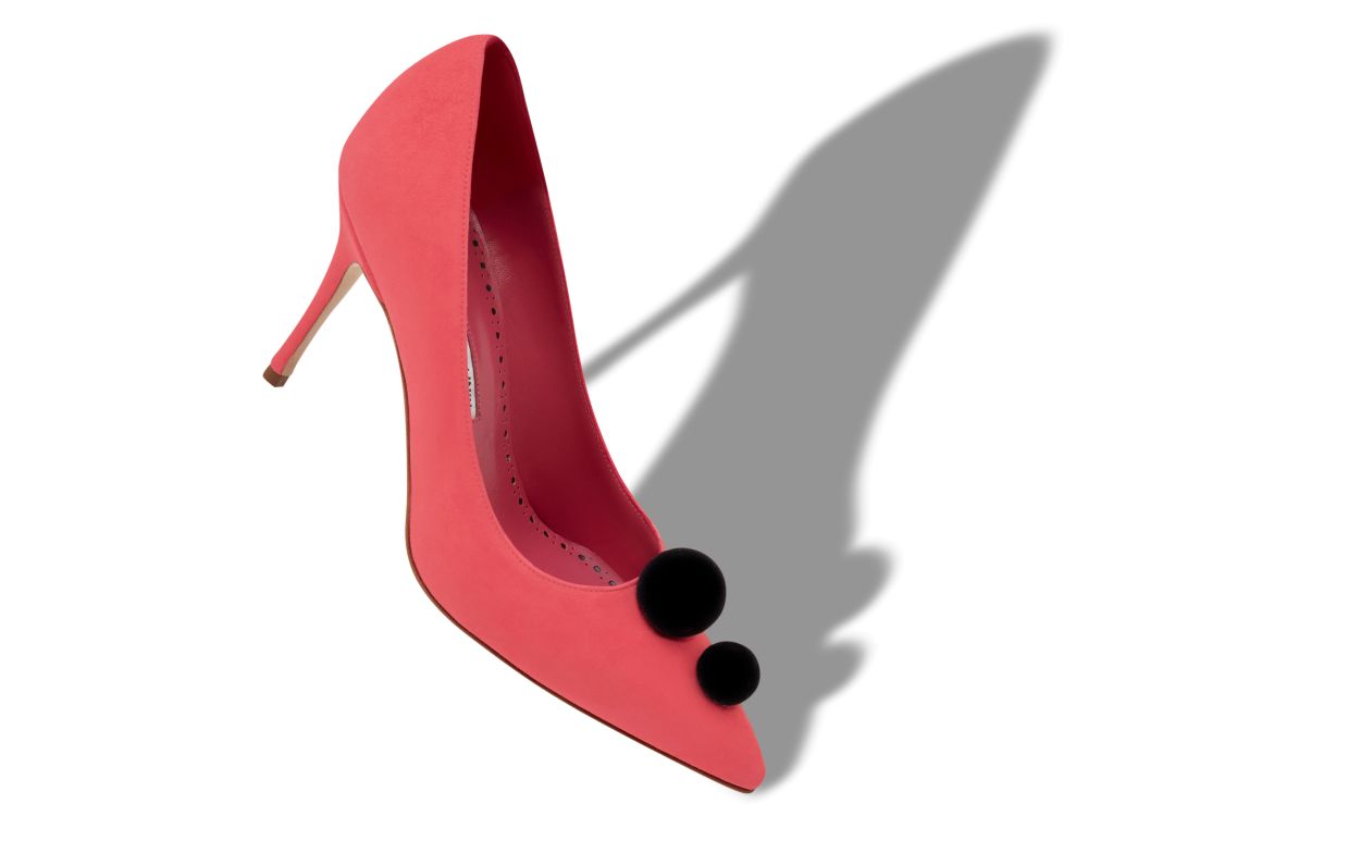 Designer Pink and Black Suede Pom Pom Detail Pumps - Image Main