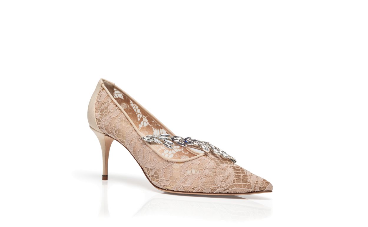 Designer Light Beige Lace Jewel Buckle Pumps - Image Upsell View
