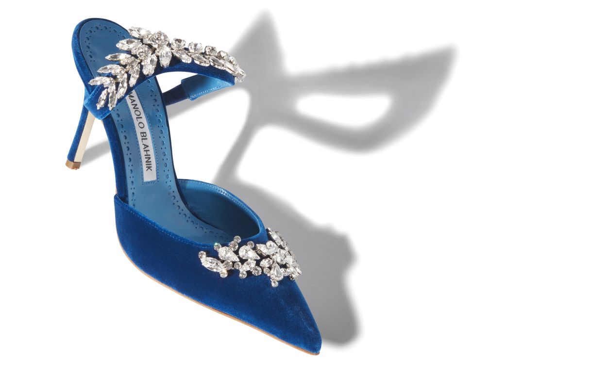 Designer Bright Blue Velvet Crystal Embellished Mules - Image Main