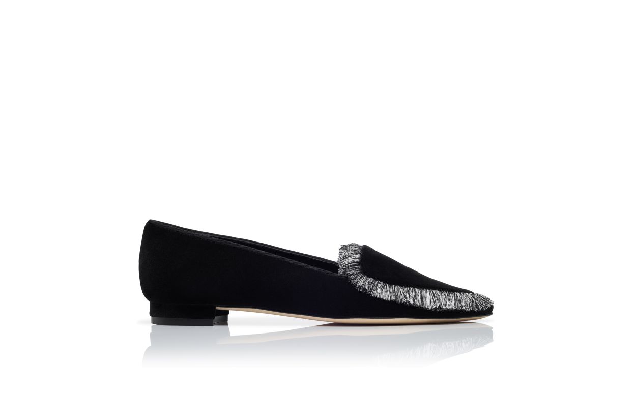 Designer Black Velvet Fringe Detail Loafers - Image Side View
