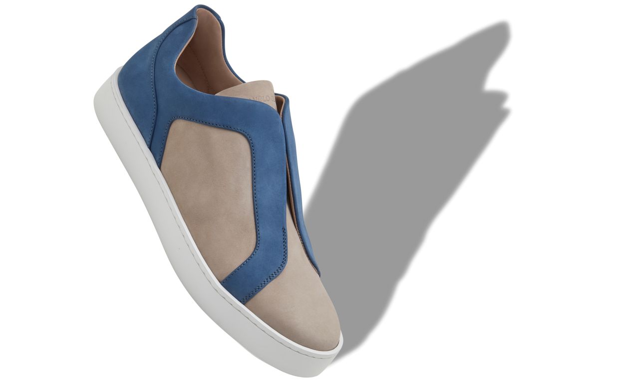Designer Grey and Blue Calf Leather Low Cut Sneakers - Image small_image